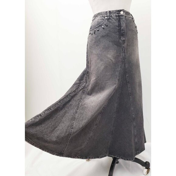 Vintage 80s 90s Jeanology Women's Denim Skirt Black Wash Gems Mermaid 10 - Picture 2 of 10